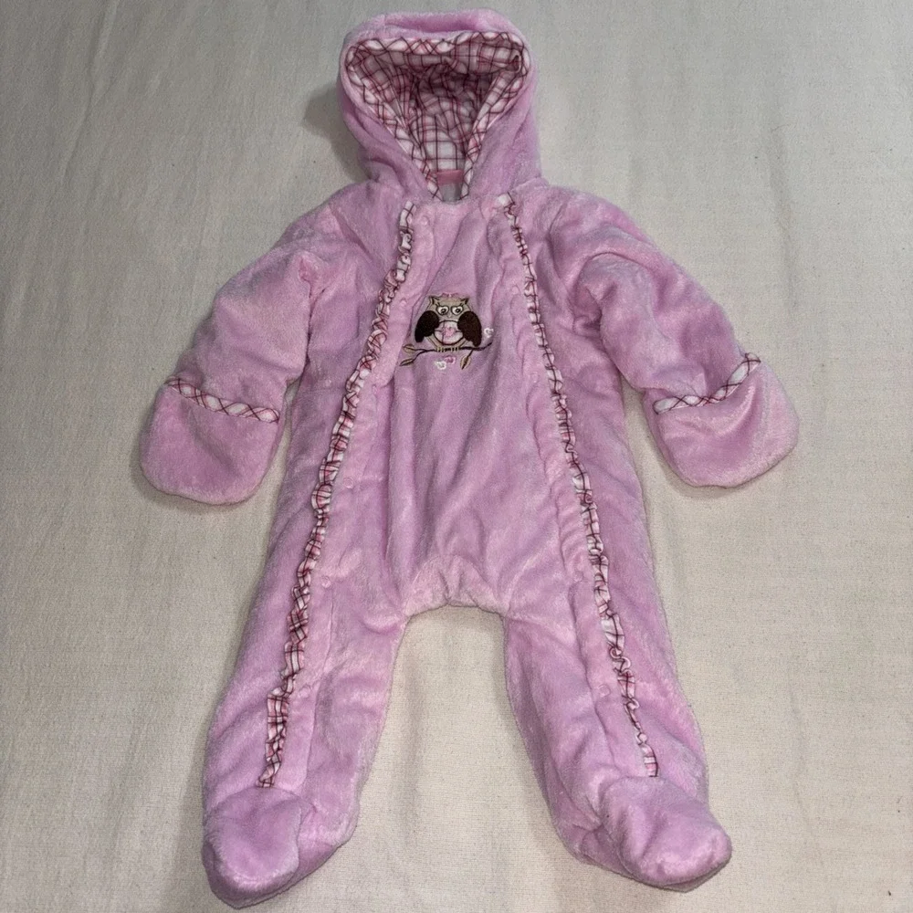 Little By Little Pink Fleece One-piece Snowsuit Hooded Owl Motif Baby Girl 3-6Mo
